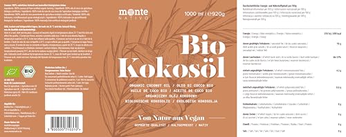 Kokosöl Bio Monte Nativo 1000ml (1L) - Coconut Oil - Kokosnussöl in Rohkostqualität - Reines Kokosfett - Bio Kokosöl nativ kaltgepresst zum Kochen, Braten und Backen, für die Haare, Zähne und Haut