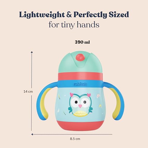 Image of rabitat Gravity EasyFlow Personalized Stainless Steel Sippy Cup 390 ml | 2 Years Brand Warranty | Leak Proof | BPA Free Soft Silicone Straw | Sippy Cup for Kids with Weighted Straw, Sky Hoot