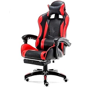 BAKAJI Stoel voor gamingstoel, bureau, kunstleer, kantelbaar, rugleuning, kussen, hoofdsteun, 360 graden, draaibaar, in hoogte verstelbaar, 5 wielen met voetensteun