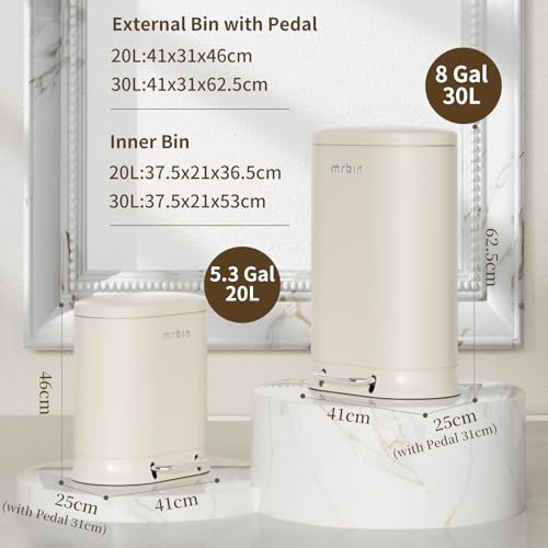 Image of MRBIN Metal Bathroom Trash Can with Lid, 20L / 5.3gal Commercial Step Waste Basket for Kitchen, Medium Toilet Garbage Pail with Stainless Steel Foot Pedal for Near Desk, Restroom, Rv, Vanity, White