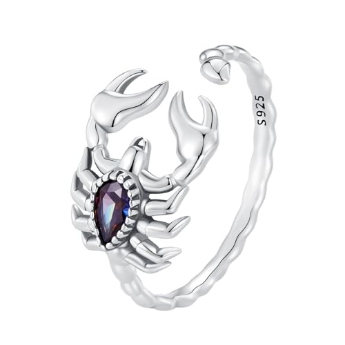 Qings Anillo de Animales Mujeres de Plata de Ley 925 Abierto Ajustable Gótico Escorpiones Anillos con Zironia Negro para Mujeres Hombres