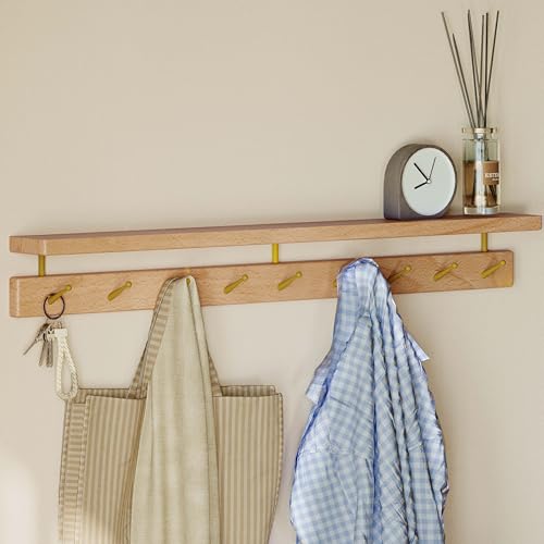 Wayshome Solid Wood Wall Hooks with Shelf, Coat Rack Wall Mount, Entryway Hanging Shelf with 9 Brass Hooks for Hats, Clothes, Towels, Bags, Beech Wood, Natural