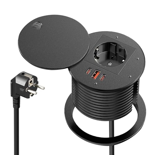 Prise Encastrable Plan de Travail avec USB-C PD 35W et USB-A 30W, Bloc Prise Escamotable avec Couvercle et 3 Ports USB, pour Bureau, Cuisine et Table, Câble...