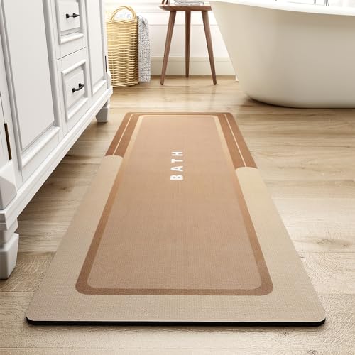 Image of MontVoo-Bath Mat-Bath Mat Rug Non Slip Super Absorbent Stain Resistant Quick Dry Thin Bathroom Rug-Bath Mats for Bathroom Floor Bathtub Vanity-Bathmat Bath Rug Easy Care 17 inchx50 inch Brown