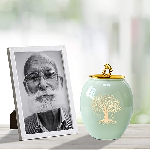 Image of Green Medium Cremation Urns for Human Ashes Adult Male or Female | 6.7Inch Tree of Life Medium Size Ceramic Urns for Ashes,Funeral Memorial Decorative Urns for Ashes
