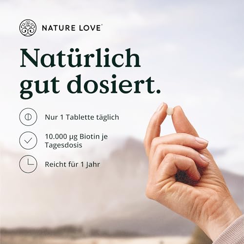 Nature Love Biotin Komplex - mit Zink, Selen, Silizium & Vitamin B5 - hochdosiert mit 10.000µg Biotin - 365 Tabletten für Haare, Haut und Nägel - Haar Vitamine im Jahresvorrat - vegan & laborgeprüft