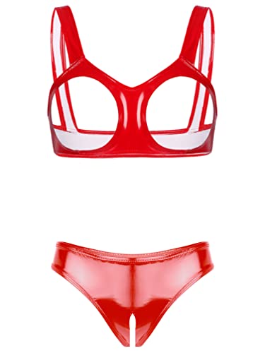 YiZYiF Damen Sexy Lack Leder Dessous Set Ouvert BH Hebe G-String Thong String Offene Brüste Reizwäsche A_Rot XL Cover