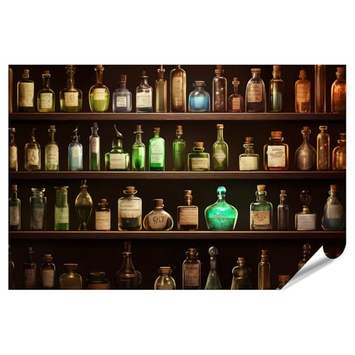 islandburner Poster XXL - Bouteilles de pharmacie anciennes sur étagères en bois pour salon - Pour les amateurs d'antiquités vintage - Impression photo de qualité supérieure