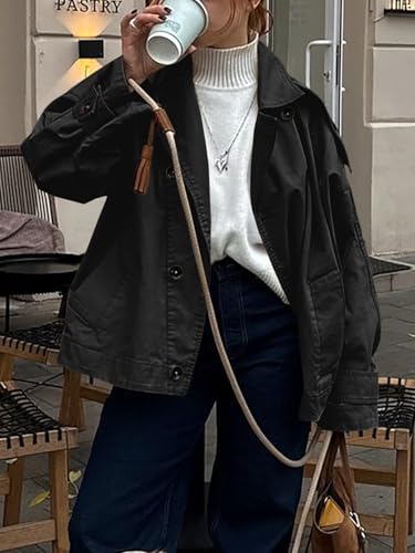 Tankaneo Womens Trench Coat Single Breasted Lapel Casual Oversized Coats Short Jacket Fall Outerwear