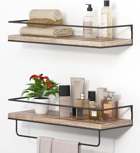 Image of Shario - Set of 2 Floating Shelves with Black Towel Bar Wall Hanging Decorative Storage Shelves for Bathroom, Kitchen, Living Room and Bedroom (Rustic Wood, Light Brown)