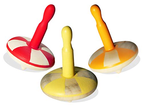 Image of VParents Wooden Spin Tops Non Toxic Organic for Kids (3 Years+) - Curiosity & Fine Motor Skills (3 Pieces) (Red Orange Yellow)