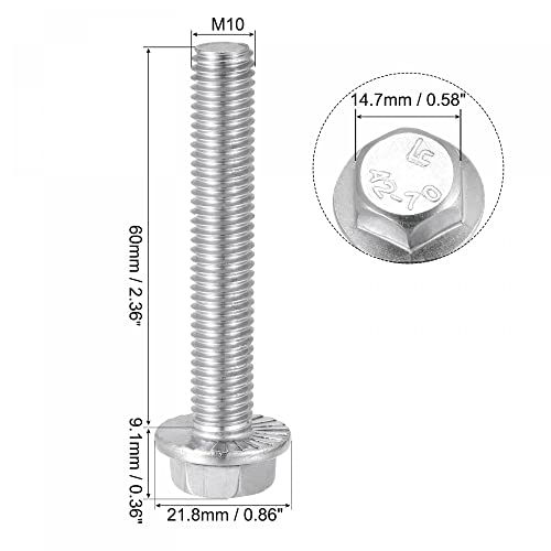 Image of uxcell M10x60mm Hex Serrated Flange Bolts Screws Metric Thread 304 Stainless Steel 6pcs