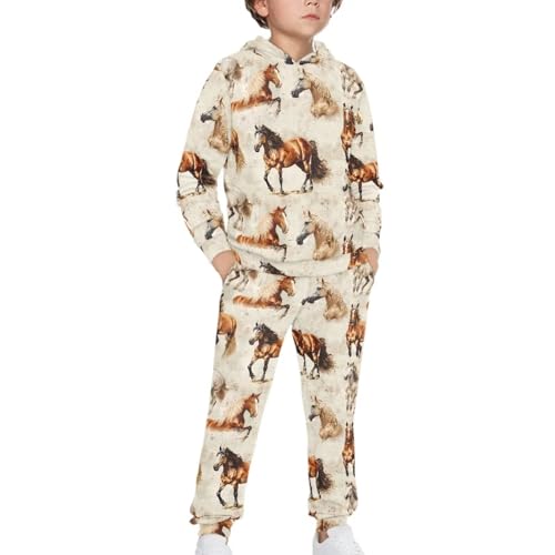 Gomyblomy Kids Hooded Sweatshirt and Sweatpants 2 Piece Jogger Set Boys Girls Tracksuit 5-12 Years Horse-theme Sweatsuit2