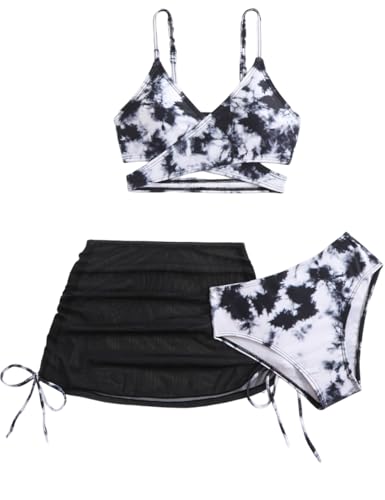 Image of KORADI Girls Swimsuit 3 Pieces V-Neck Bikini Set Printed Cross Front Bathing Suit Drawstring Cover Up Skirt 8-12 Years