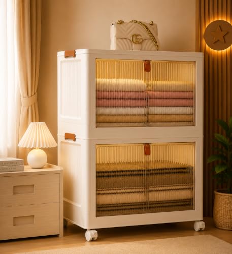 Image of 2 ๐๐๐๐ Plastic Rack for Storage Cabinet with Wheels | Multipurpose Shelf Storage Services Almirah Wardrobe for Clothes, Kitchen Cupboard | Plastic Organizer with Transparent Doors