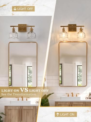 Image of 3-Light Vintage Bathroom Vanity Light, 19.4 inch Brass Hardwired Wall Sconce with Amber Tulip Glass Shades, Brushed Gold Vanity Light for Mirror, Restroom, Bedroom (Clear, 2-Light)
