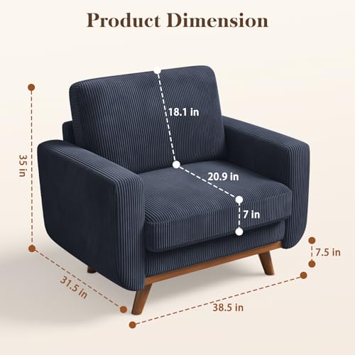 Image of Vesgantti 38.5 inch Accent Chair Dark Blue, Comfy Corduroy Single Sofa Seat with Spring Cushion, Upholstered Armchair with Deep Seat, Reading Chair for Adults, Modern Sofa for Living Room, Bedroom