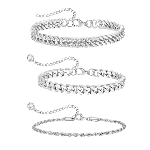 Lot de 3 bracelets pour homme, bracelet en argent, bijoux pour homme Bracelet robuste en acier inoxydable, maille cubaine Figaro, large et gourmette