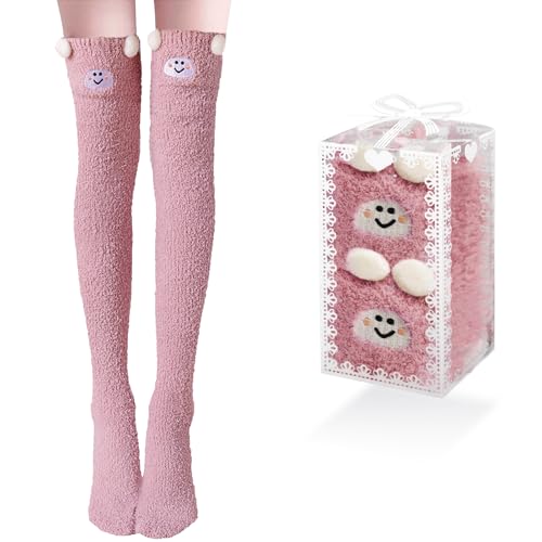 Kakveiai 1 Paar Damen Lange Socken Kniestrümpfe Kuschel Winter-Stricksocken Panda Socken Kuschel Süße warm Einheitsgröße für Damen und Mädchen Bringen Sie 1 Geschenkboxen mit