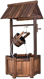 COSTWAY Garden Wishing Well, Wood Water Fountain with Electric Pump, Rustic Barrel Waterfall Feature Planter Outdoor Ornament