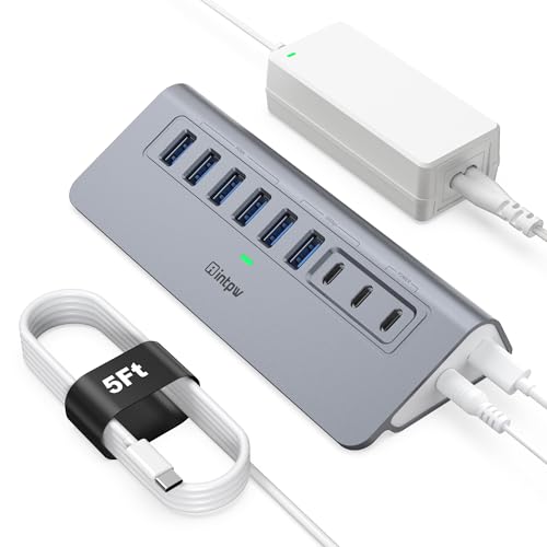 Image of Powered USB Hub 10Gbps, intpw YH6AC 9-Port USB HUB with 10Gbps USB A /USB C 3.2, 4 USB 3.0, 2 PD 45W Charging Port, 65W Power Adapter + 5FT Cable, Aluminum USB Hub for Laptop, PC,iPhone 17 /16