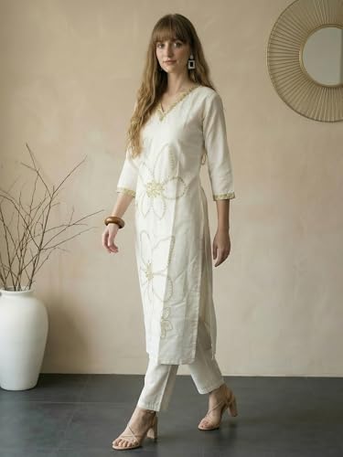 Image of INDO ERA Women's Silk Blend Geometric Embroidered Thread Work Kurta & Pant Set | Co Ord Set For Women Stylish