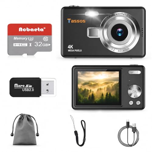 Câmera digital 1080P FHD 4k com tela LCD de 2,4", compacta e portátil para vlogs e fotos, com cartão SD de 32GB e zoom digital de 16x para adolescentes, estudantes e iniciantes. (Preto)