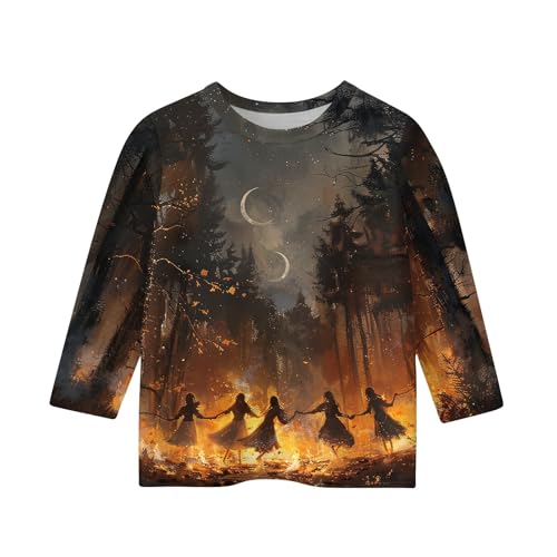 Girls Halloween Pumpkin Bat Print 3/4 Sleeve T-Shirt Soft Crewneck Holiday Top for Kids Festive Fall Tee2