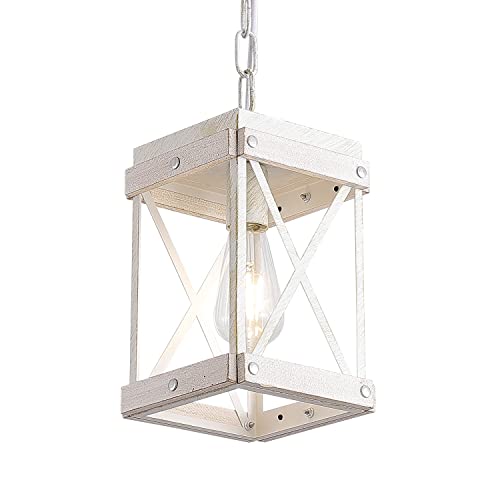 Fivess Lighting Modern Farmhouse Antique White Distressed Pendant Light With Wood And Metal Cage, One-Light Adjustable Chains Rustic Mini Pendant Lighting Fixture For Kitchen Island Cafe Bar cover
