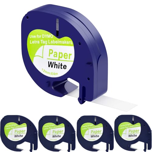 TapeTek Cinta de etiquetas Letratag compatible 12 mm x 4 m, negro sobre blanco, para Dymo LT 100H LT 100T 200B XR XM (91200 Paper 5 PCS)