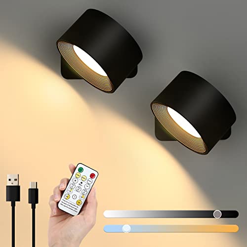 Lightess Led Wall Sconce With Rechargeable Battery Operated Usb Port 3 Color Temp & 3 Brightness 360° Magnetic Rotation, 2 Pack, Touch & Remote Control Cordless Wall Lights For Reading Study Bedside #TOP18