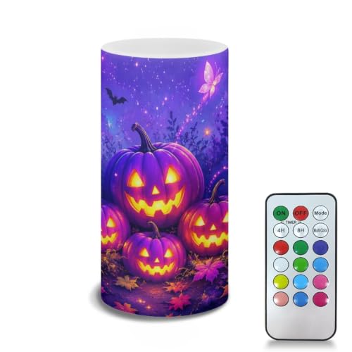 Image of Poceacles Halloween Flameless Light Candles Battery Operated Candles with Color Changing Timer Remote Control Tealights for Halloween Party Decor, Violet Pumpkin Butterfly Bat Print