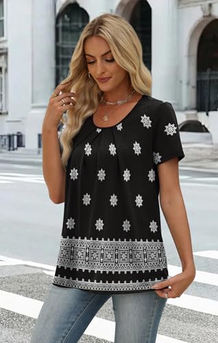 Image of WIHOLL Women T Shirts Pleated Short Sleeve Tops Business Casual Dressy Blouses