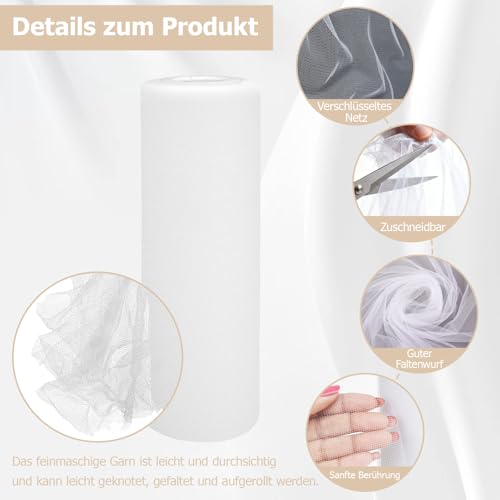 Tüll Stoff Rolle, 15 cm x 22.8 m Tüllband, Tüll Meterware, Polyester Dekoband Hochzeitsdeko Tischband Rolle Dekostoff für DIY Crafts Tutu Rock Handwerk Bogen Party Dekoration Geschenk Weiß