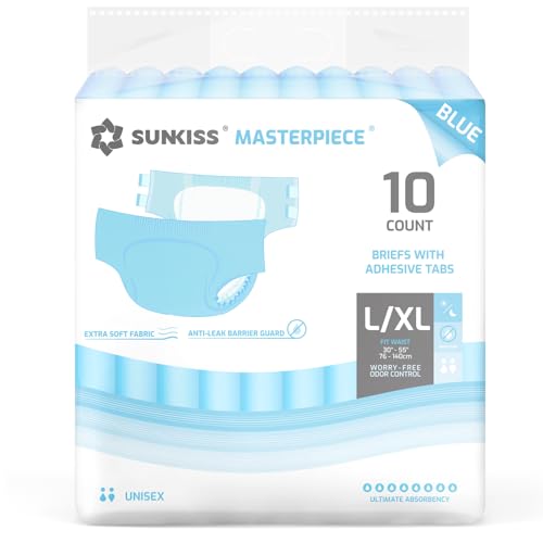 SUNKISS Masterpiece Pieluchy dla dorosłych z zakładkami, jednorazowe majtki na nietrzymanie moczu dla kobiet i mężczyzn, kontrola zapachu, niebieski, L/XL, 10 sztuk