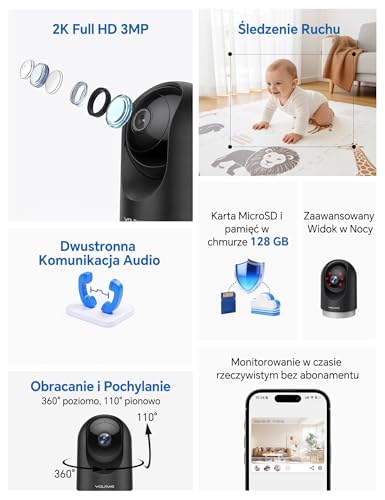 WOLFANG Kamera Wewnętrzna 2K, Kamera WiFi do Domu z Funkcją Obrotu 360° PTZ, Automatycznym Śledzeniem i Trybem Nocnym, Kamera dla Psa z Dwukierunkowym Audio, Kompatybilna z Alexa