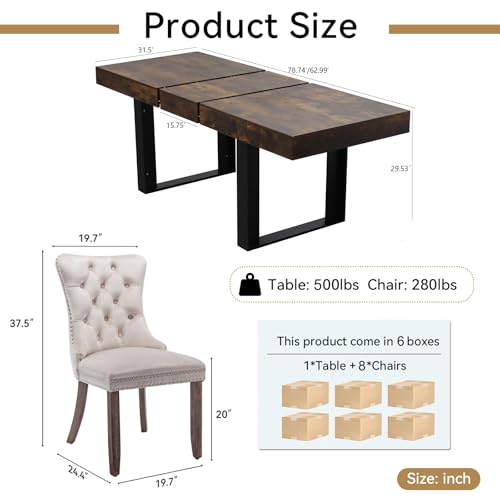 Image of Rustic Brown Dining Room Table Set for 8, 9-Piece 63 inch-78.74 inch Extendable Dining Table Set with 8 Upholstered Chairs, Rectangle Wooden Expanding Kitchen Table and Beige Chairs Set