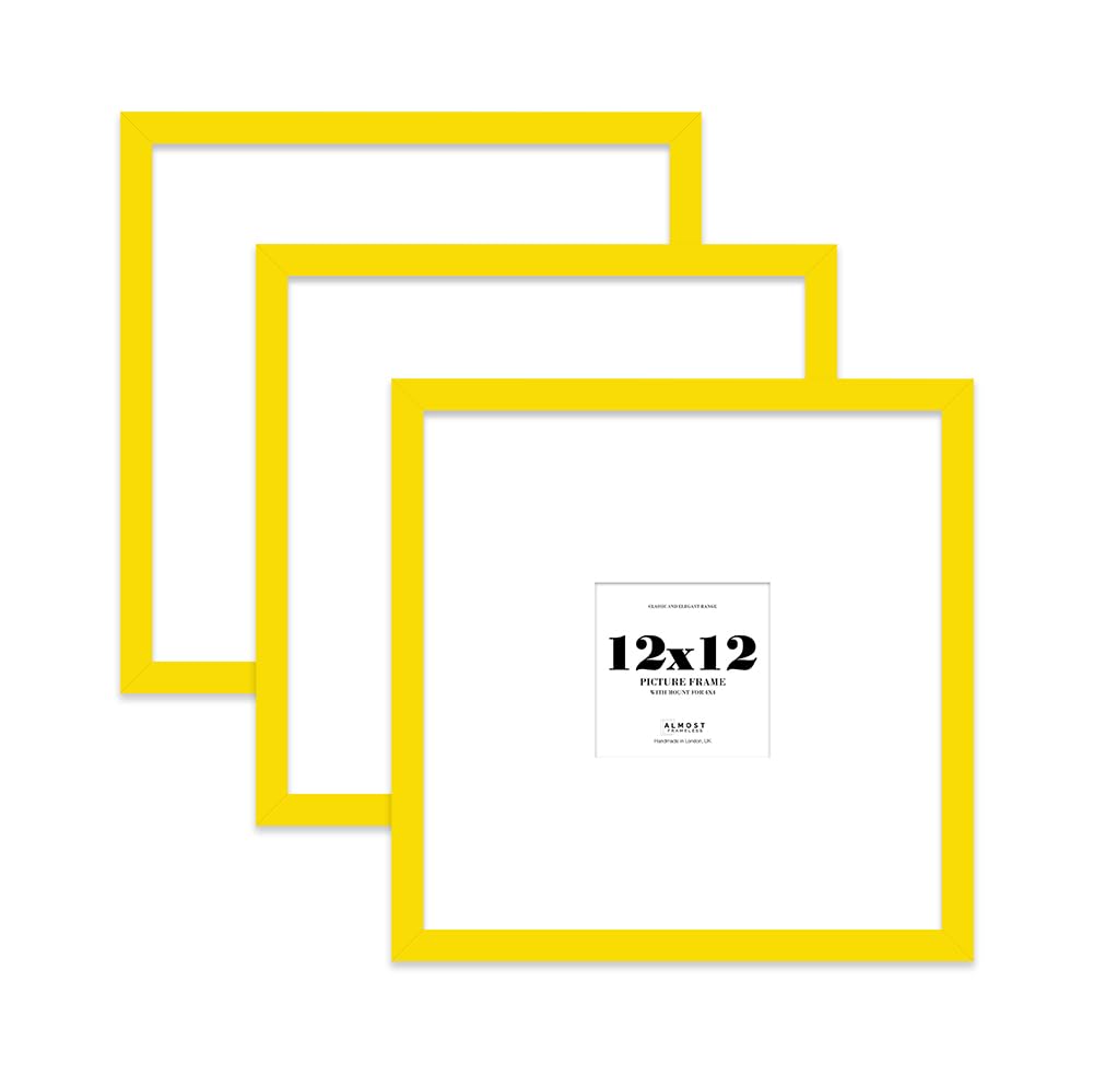 12x12 Yellow Picture Frame with Large Mount for 4x4 Photos, Prints - Modern Square Wall Frame, Set of 3