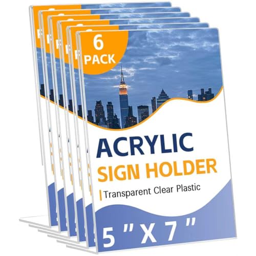 6 Pack Acrylic Sign Holder 5x7, Slanted Back Clear Display Stand – Multi-Use Holder for Menus, Documents, Flyers, Perfect for Offices & Restaurants by YTCRHM - Used condition - CA$17.05