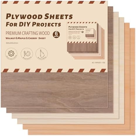ROBOTIME 6-Pack Laser Wood Sheets 1/8" - 12 x 12 x 1/8 Inch - Cheery2Pcs &Walnut2Pcs &Maple2Pcs - 3mm Plywood for Laser Cutting, Laser Engraving Blanks