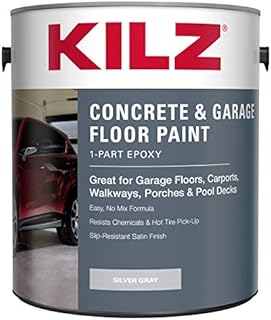 KILZ 1-Part Epoxy Acrylic Concrete and Garage Floor Paint, Interior/Exterior, Satin, Silver Gray, 1 Gallon