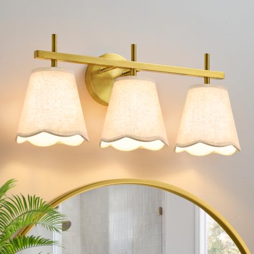 Linour Bathroom Light Fixtures, 3-Light Brushed Gold Vanity Lights for Bathroom with Scalloped Linen Fabric Shade, Bathroom Vanity Lights Over Mirror for Bedroom, Living Room, Hallway