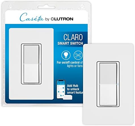 Lutron Claro Smart Light Switch w/ Wall Plate for Caseta Lighting, for LED Lights, Fans, 5 Amp, Single-Pole/3-Way, Neutral Required, DVRFW-5NS-WH-A, White