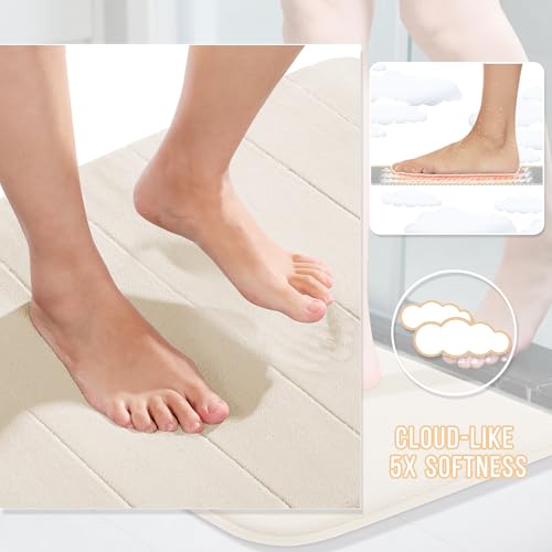 Image of Yimobra Memory Foam Bath Mat Set, 2 Piece Soft Bathroom Rugs,17x24 and 24x20.4 U-Shaped Bathroom Rug, Toilet Mat, Water Absorption, Non Slip, Thick, Dry Fast for Bathroom Floor Mat, Cream White