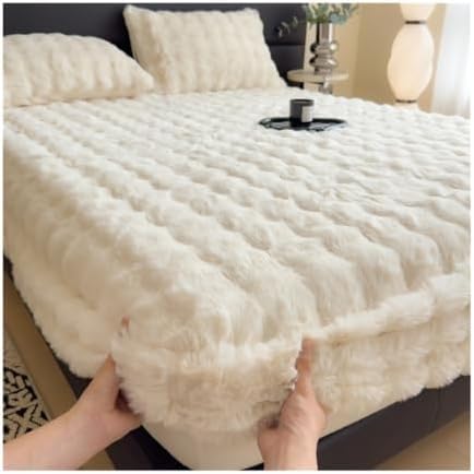 Image of Milk Velvet Fitted Sheet, Fluffy Faux Rabbit Fur Mattress Cover with Deep Pocket - Plush Elastic Bed Sheet for Winter Warmth, Soft Velvet Protector Bedspread (L,47x79in(120 * 200CM))