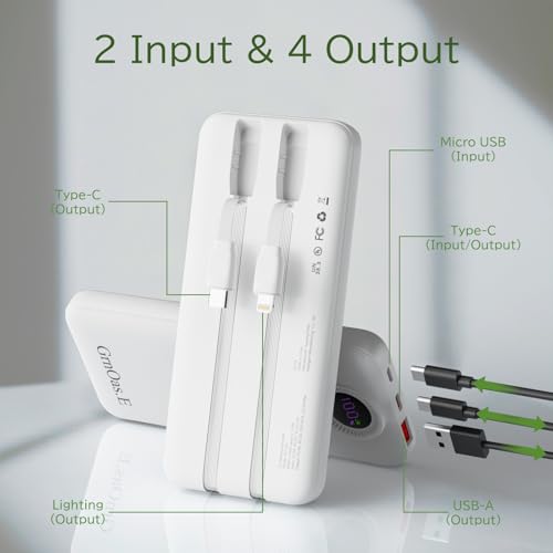 Portable Charger with Built in Cables,10000mAh 22.5W Max High-Speed Charging Power Bank with 4 Outputs 2 Inputs,External Travel Battery Pack for iPhones Android,iPad (Pearl White) - Image 3