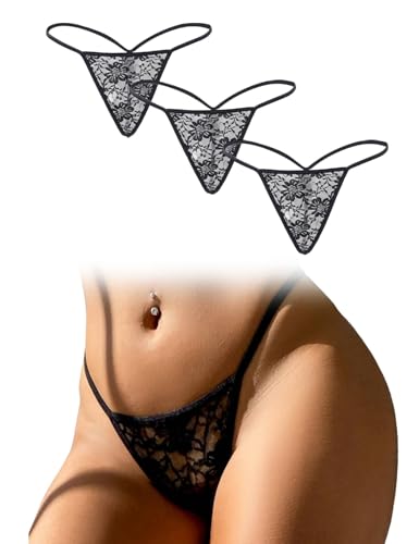 comeondear Tangas Sexy para Mujer 3 Pack Mini String de Encaje Tanga Hilo Bragas Brasileñas T Back Thong Ropa Interior Talla Grande Lenceria Sexy Mujer Womens Underwear Negro,XXL