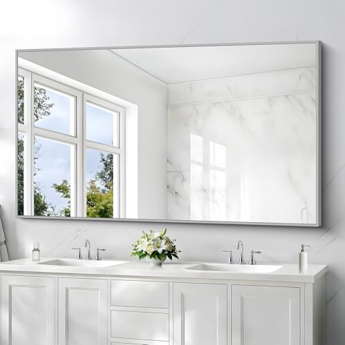 Image of COFENY 36x60inch Brushed Nickel Bathroom Mirror, Silver Rectangle Mirror with Frame, Large Rectangular Wall Mirrors for Bathroom, Living Roomm, Hair Salon, Big Mirror Hang Horizontal /Vertical