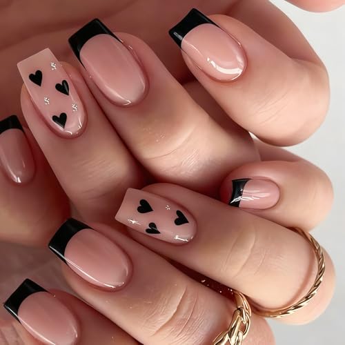 Black French Tip Press on Nails Square - Short Fake Nails with Bl...