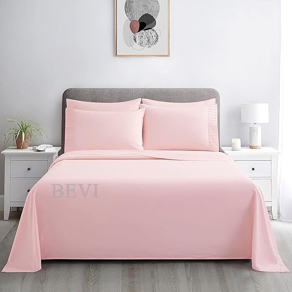Image of BEVI Bedsheet for Double Bed 300 TC Flat Bedsheet with 2 Pillow Covers Size-(90 inchx95 inch) Rose Pink